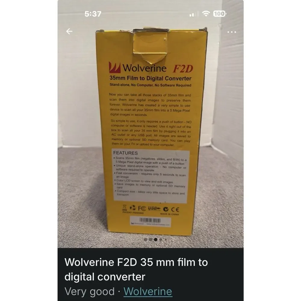 Wolverine F2D Film to Digital Converter USB LCD Display AA Battery Yellow